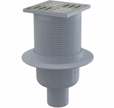 Сливной трап AlcaPlast 105×105/50 мм прямой сток, решетка из нержавеющей стали, гидрозатвор мокрый APV2