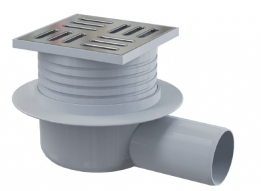 Сливной трап AlcaPlast 105×105/50 мм боковой сток, решетка из нержавеющей стали, гидрозатвор мокрый APV26