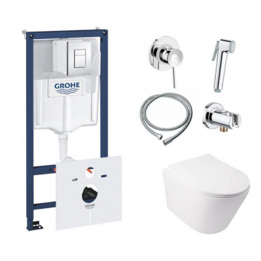 Комплект инсталляция Grohe Rapid SL 38827000 + унитаз с сиденьем Qtap Swan QT16335178W + набор для гигиенического душа со смесителем Grohe BauClassic 111048